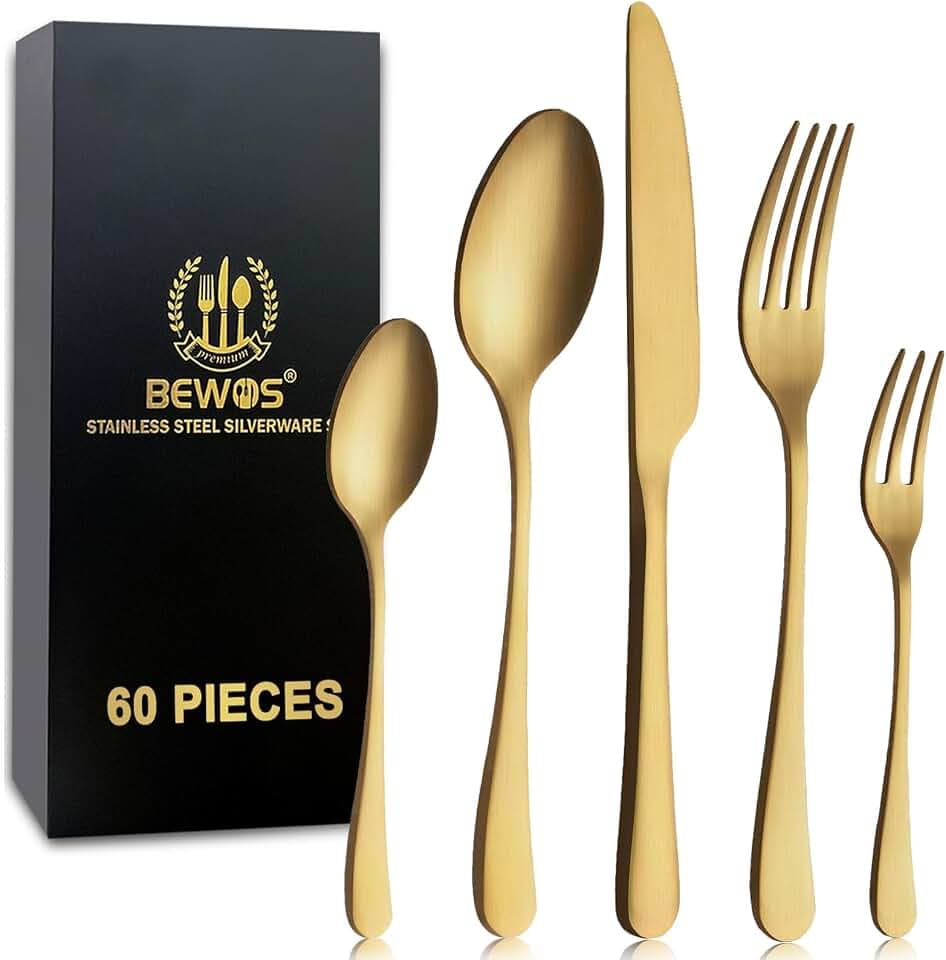BEWOS Besteck Set für 12 Personen, 60 teilig Titanium Gold Essbesteck Set inkl. Messer, Gabel, Löffel, Besteck Edelstahl, Spülmaschinenfest (Matt Gold)