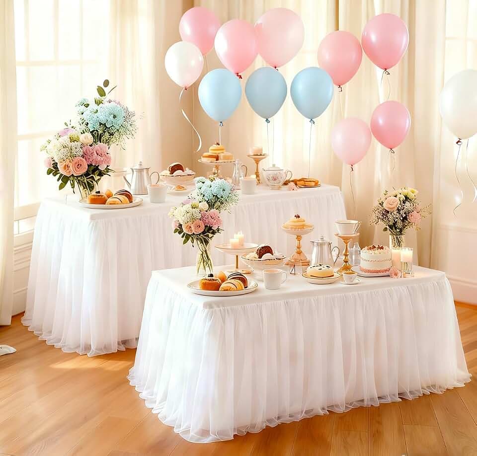 2-Pack White 2-in-1 Tulle Tablecloth for 4-Foot Rectangular Table