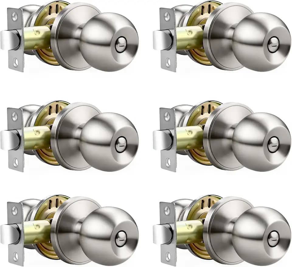 6 Pack Bathroom Door Knob, Door Knobs Interior Without Keys, Brushed Nickel Door Knobs for Bedroom and Office, Privacy Function, Modern and Sturdy Finish