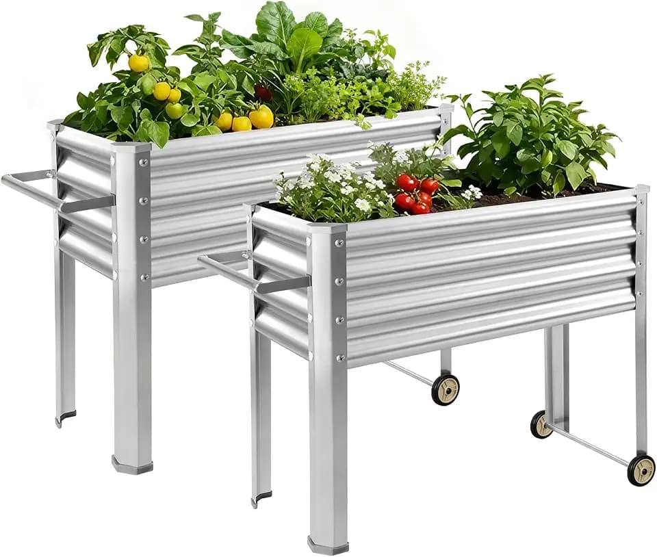 Land Guard 2 Pack Galvanized Raised Garden Bed with Legs & Wheels, 36×12×32in Metal Elevated Raised Planter Box for Backyard, Patio, Balcony, 300lb Capacity, Silver