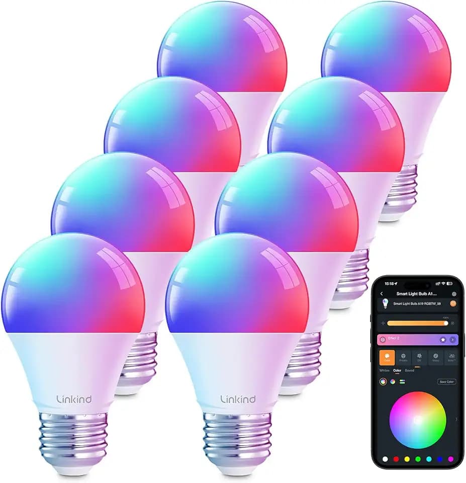 Linkind WiFi Smart Light Bulbs, Alexa & Google Home Compatible, RGBTW 16M Color Changing, Dimmable Mood Lighting, A19 E26 WiFi Bulb 60W 800LM 8 Pack