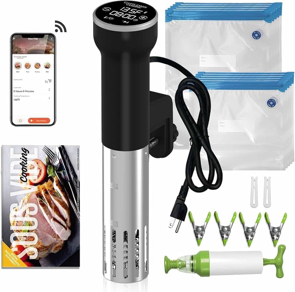 CATTLEMAN WiFi Sous Vide Kit with 30 Vacuum Bags & Pump, IPX7, 1000W