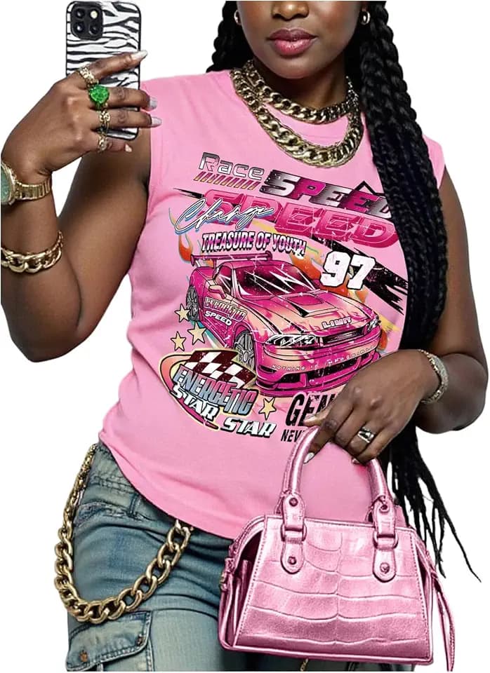 WDIRARA Women's Plus Size Cherry Letter Graphic Tank Top Crew Neck Sleeveless Streetwear Tops