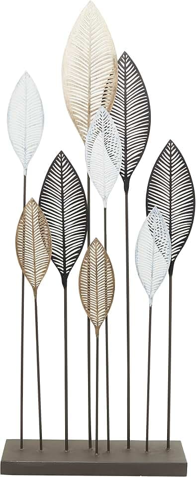 Deco 79 Metal Leaf Sculpture with Black Base, 24' x 7' x 60', Bronze
