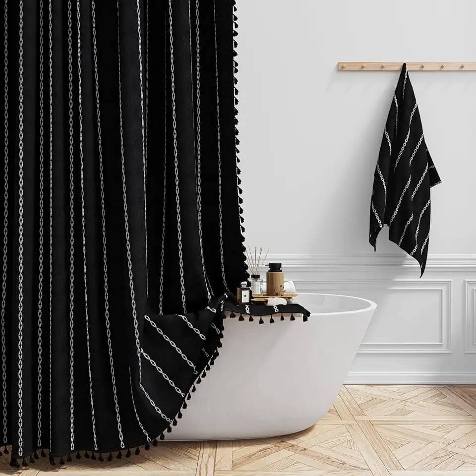 BTTN Black and White Boho Linen Heavy Duty Cloth Shower Curtain Set, 72x72