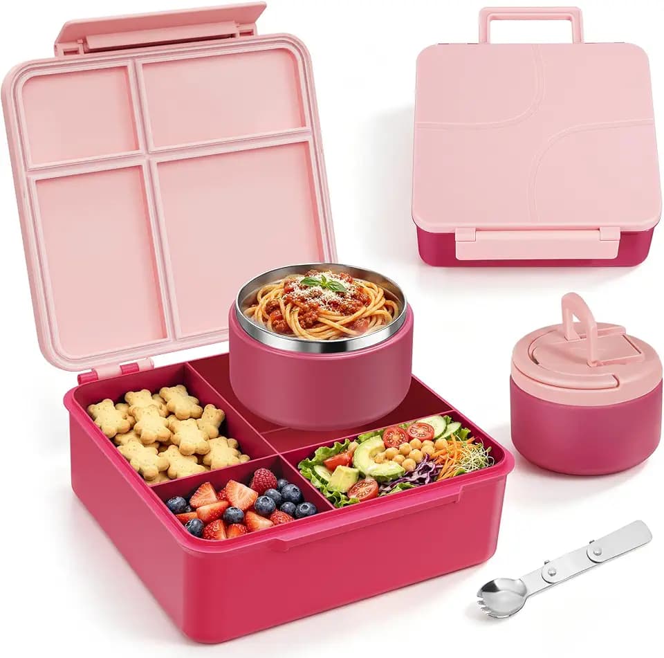 MAXSO Bento Lunch Box Set for Kids with 8 oz Soup Thermo, Leakproof Hot Food Container with 4 Compartments, Insulated Food Jar for Toddler Daycare Boys Girls School - Pink