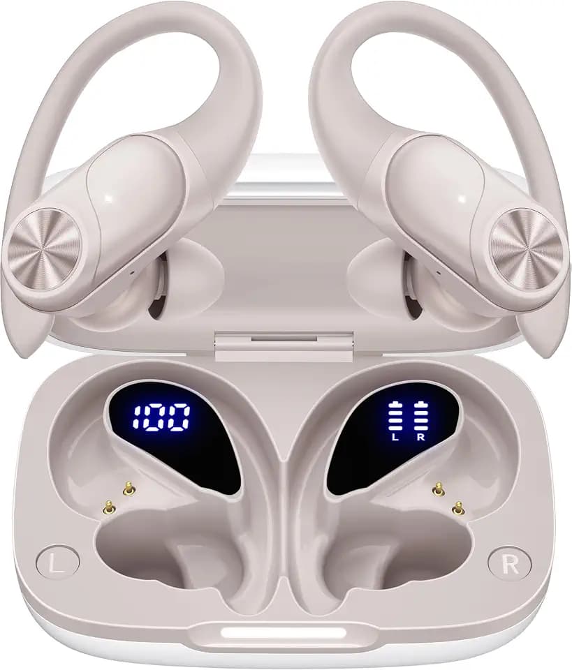 PocBuds Bluetooth Headphones Wireless Earbuds 80hrs Playtime Wireless Charging Case Digital Display Sport Ear Buds with Earhook Deep Bass IPX7 Waterproof Over-Ear Earphones for Phone Laptop Beige