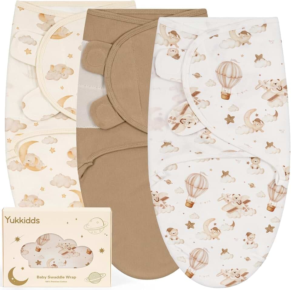 Pucksack Baby 1-3 Monate, Pucktuch Swaddle für Neugeborene | 100% Baumwolle, Weiche & Atmungsaktive, Leiser Verschluss, 3er Pack Puck Schlafsack, Brauner Ballon