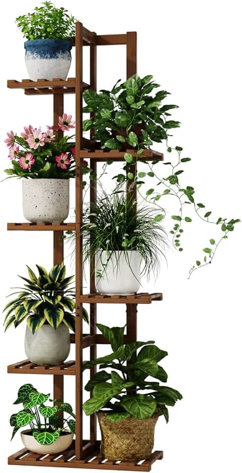 Bamworld Pflanzenregal 6 Ebenen Blumenständer Innen Braun aus Bambus, Großes Blumentopf Ständer Ecke für Mehrere Pflanzen, Pflanzentreppe Ecke