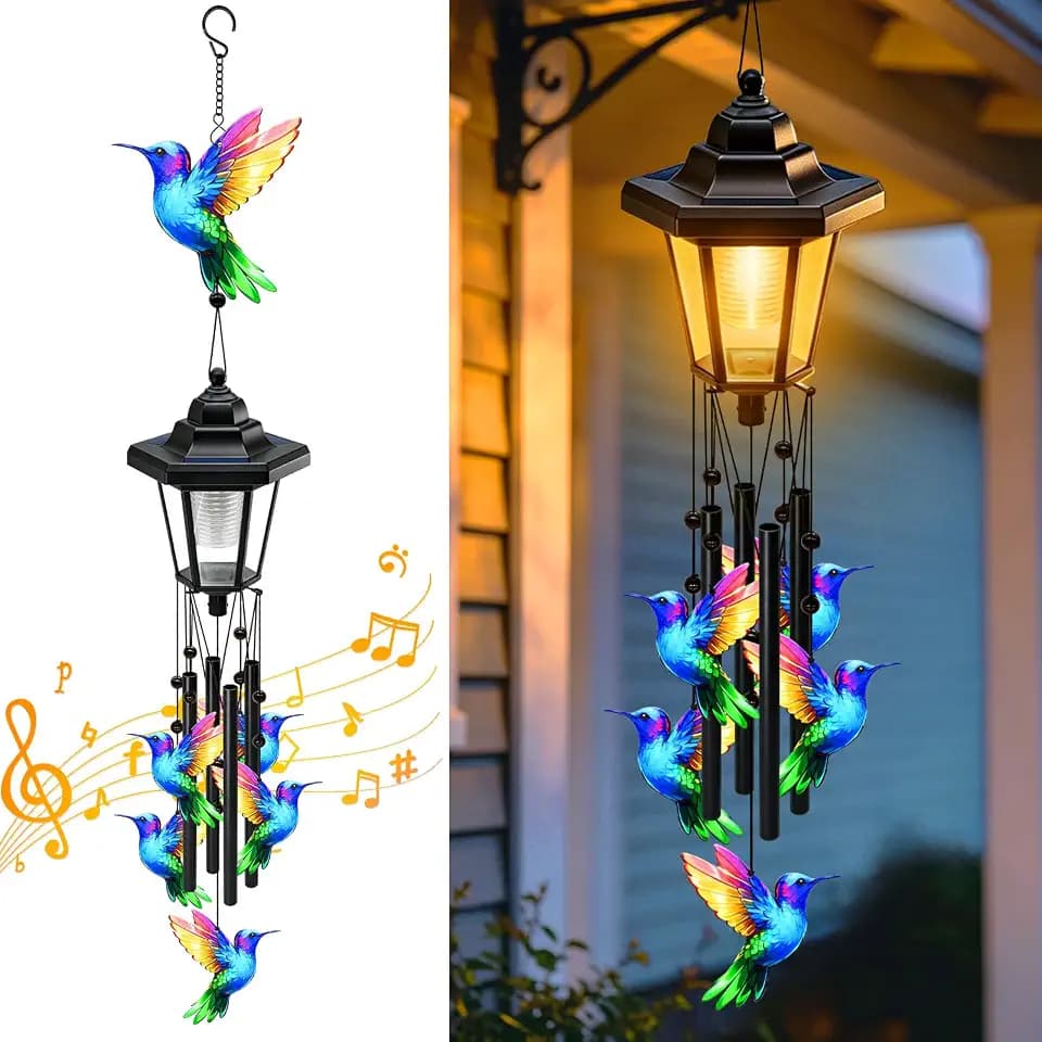 Large Solar Hummingbird Wind Chimes, Gifts for Women Mom Grandma Wife Sister Daughter Neighbor, Black Metal Wind Chimes with Wind Catcher, Solar Decor Lights for Outdoor Garden Patio Porch Window