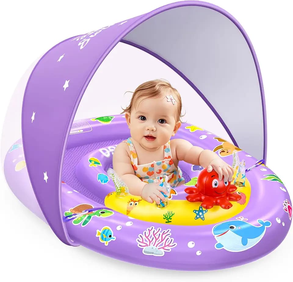 EZIGO Baby Pool Float with Canopy UPF50+, Toddler Swim Floats 6-36 Months