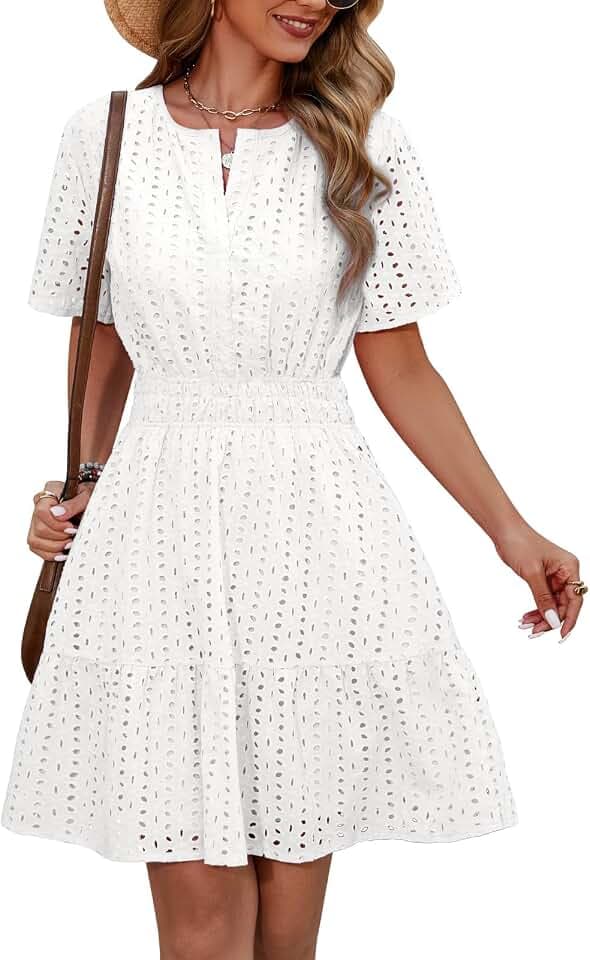 Svanco Sommerkleid Damen Baumwolle Kurzärmelige A-Linien Kleid Knielang Freizeitkleid Elegant V-Ausschnitt Midikleid für Frühling und Sommer
