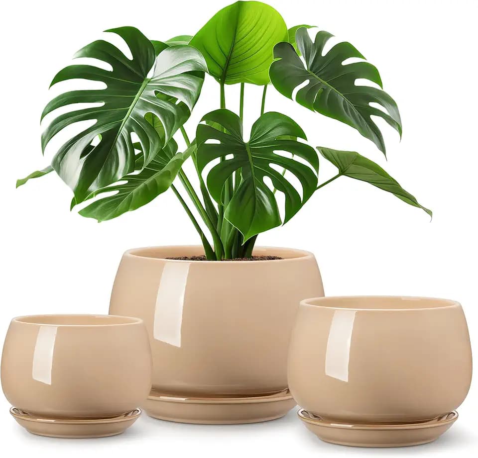 vancasso 3-Pack Ceramic Plant Pots, 7.3/9.6/11.6 Inch Indoor Planters with Saucers & Drainage Hole Planter pots for Indoor Plants and Flower, Brown
