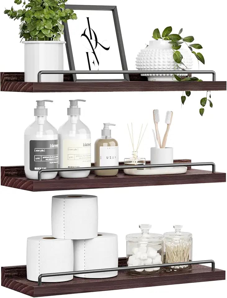 RYOFOBETTO Floating Shelves, Bathroom Decor Shelves Over Toilet, Farmhouse Wall Shelves for Living Room, Bedroom, Picture Frames, Plants, Kitchen, Set of 3 (Walnut Brown)