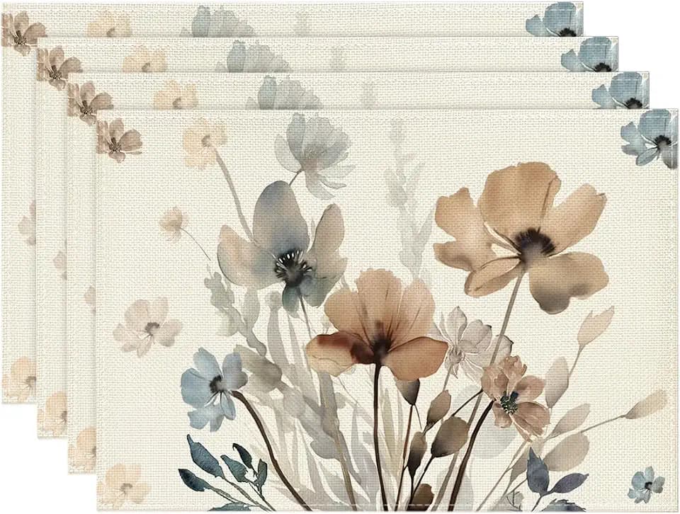 Artoid Mode Brown Poppy Floral Leaves Fall Placemats Set of 4, 12x18 Inch Seasonal Spring Table Mats for Party Kitchen Dining Decoration