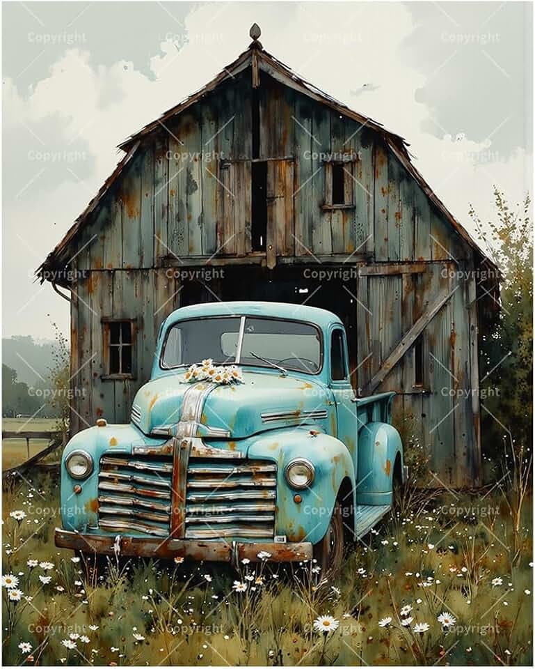 Farm Truck Paint by Numbers Kit for Adults - DIY Old Blue Pickup and Barn Scene Painting on Canvas, Acrylic Paint Set, Suitable for Beginners, Country Art for Home Decoration or Gifts(12X16IN Framed)