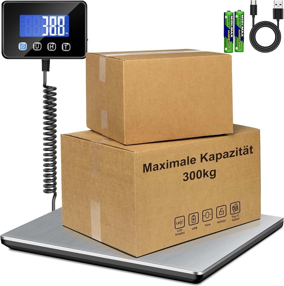 Paketwaage 300kg Plattformwaage 20g Genauigkeit Briefwaage, Kofferwaage für Pakete/Lager/Gepäck,Paketwaage mit LCD/Hold/Tara Funktion, Batterien&Typ-C