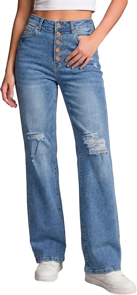 LookbookStore High Waisted Ripped Flare Jeans for Women Distressed Bell Bottom Jeans Wide Leg Pants