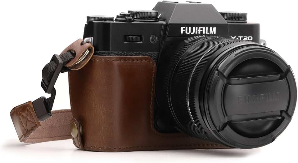 MegaGear MG958 Ever Ready Leder Kamera Halbtasche mit Trageriemen kompatibel mit Fujifilm X-T30, X-T20, X-T10 - Dunkelbraun
