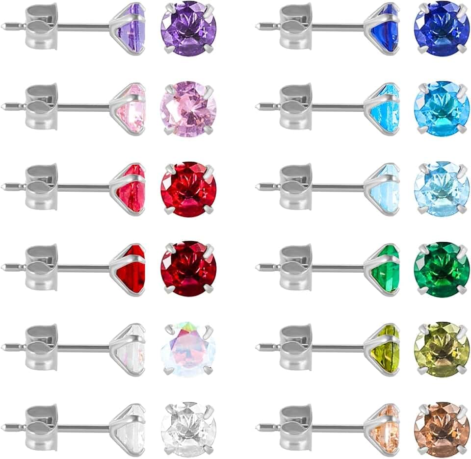 12 Pairs Surgical Stainless Steel Stud Earring Round Heart Star Square Cubic Zirconia Birthstone Stud Earrings Set for Women
