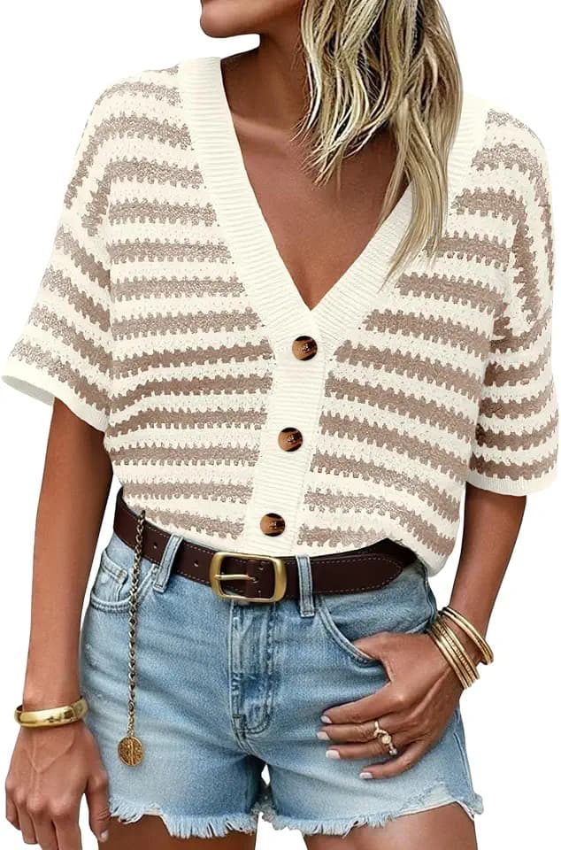 Saodimallsu Womens Striped Short Sleeve Cardigan Button Up Crochet Sweater