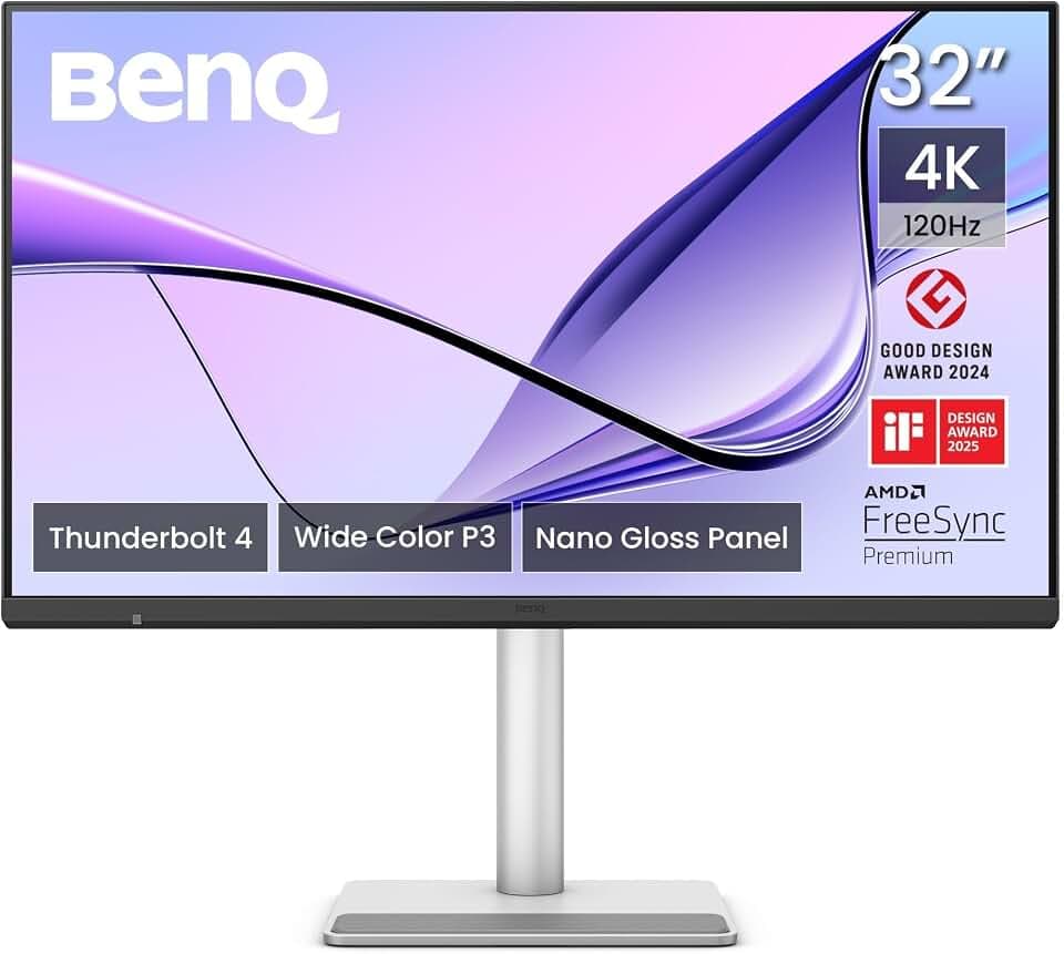 BenQ MA320UG 32 Zoll 4K 120Hz Nano Gloss Monitor für Mac-Kreative, Dual Thunderbolt 4 96W/15W, Mac Colour, Daisy Chain, KVM, Helligkeits- & Lautstärkeregelung am Mac, höhenverstellbar, P3-Farbraum
