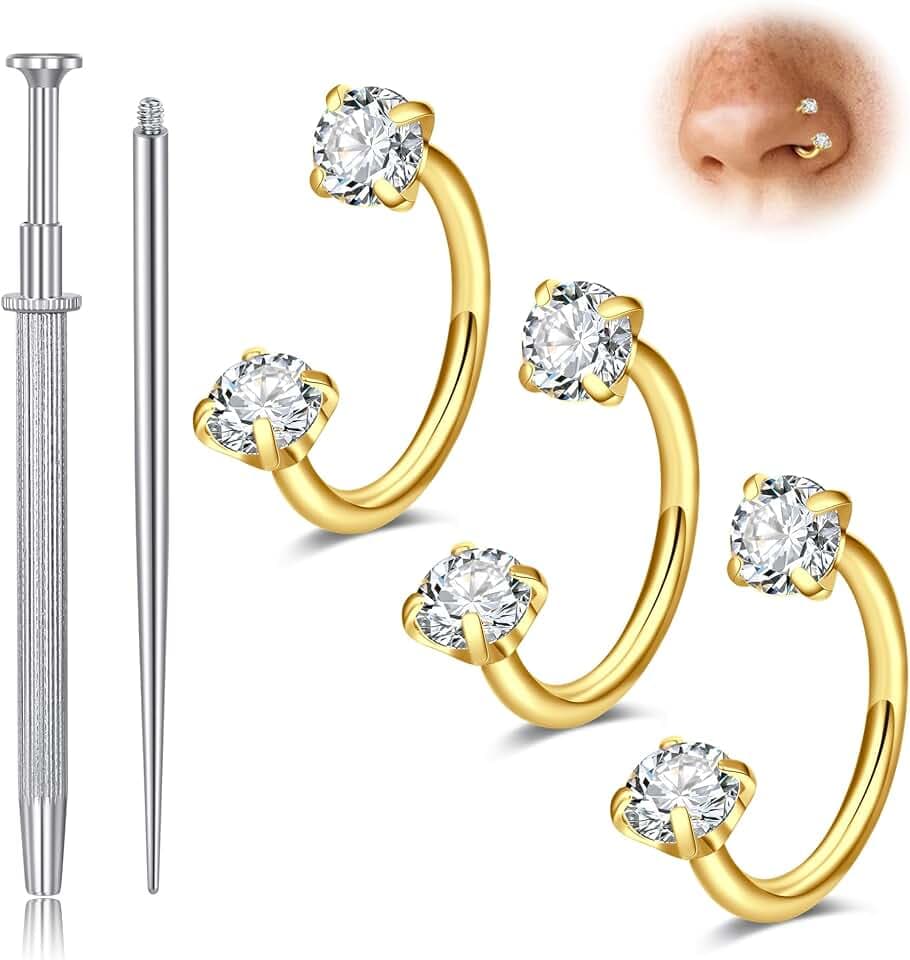 Longita 20g 18g Horseshoe Nose Ring for Women Double Gem Horse Shoe Nose Ring Hoop Surgical Steel Silver Gold Cartilage Helix Tragus Earring Hoops Labret Lip Piercing Jewelry Small Septum Rings 16g