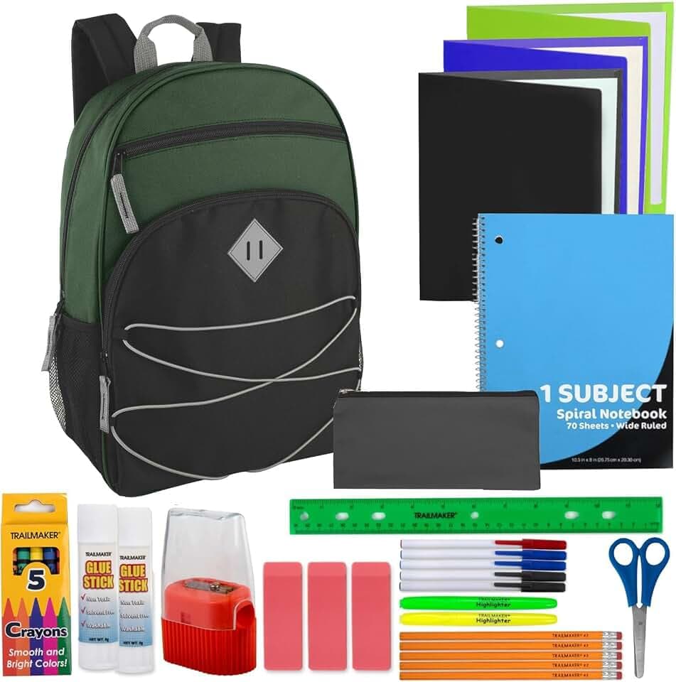 Trail maker Kids Backpacks with School Supplies for Boys, Girls | 30 Piece Back to School Supplies Set with 17" Bungee Backpack (Green & Black)