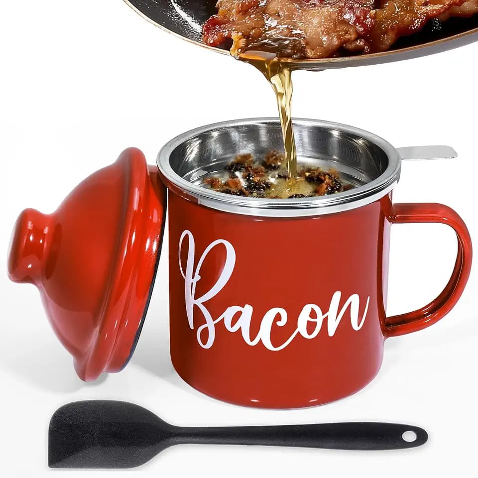 Bacon Grease Container with Strainer - 46oz Enamel Grease Container, Farmhouse Bacon Grease Keeper For Kitchen Fat Storage, White Elephant Gifts-Red