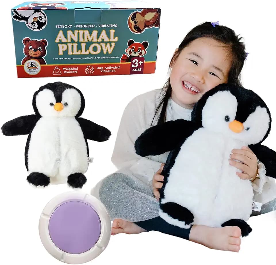 Penguin Sensory Weighted Vibrating Pillow, Pressure Activated for Kids Adults, 11x20, Pillow Animal, Calming Therapy for Focus and Balance, Weighted Stuffed Animals, Weighted Plush, Sensory