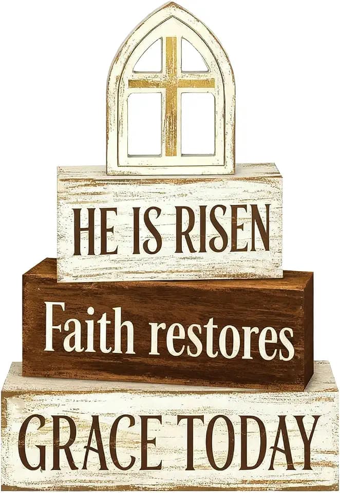 Easter Decorations - He Is Risen Cross Tiered Tray Decor - Faith Restores Grace Today Religious Wooden Tabletop Sign - Farmhouse Easter Christian Home Decor Indoor - Spring Home Decor for Living Room, Kitchen Counter, Seasonal Farmhouse Display
