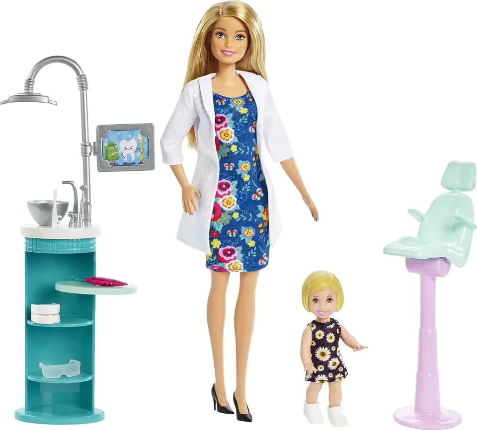 Barbie FXP16 - Zahnärztin-Puppe, Blonde, Spielset, kleine Patientenpuppe, Spülbecken, Behandlungsstuhl und vielem mehr, zum Beruf passendes Spielzeug für Kinder im Alter von 3–7 Jahren
