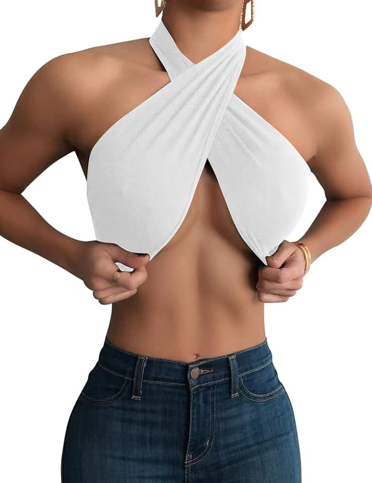 Mokoru Women's Sexy Sleeveless Halter Criss Cross Tank Crop Tops Self Tie Backless Cami
