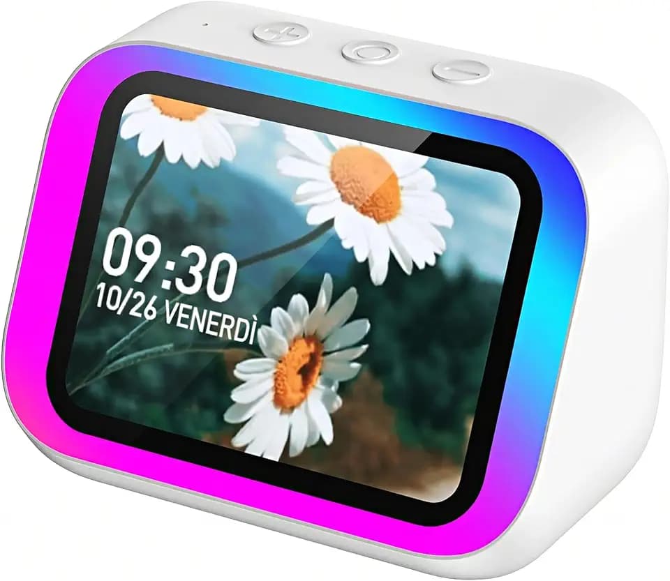 Bluetooth-Lautsprecher mit 4-Zoll-Display – Smart Lautsprecher mit Sprachassistent, Anrufe, Musik, Wetter, Kalender, Wecker, Weltuhr, Lichteffekte, Suche nach Telefon, Remote-Kamera (weiß)