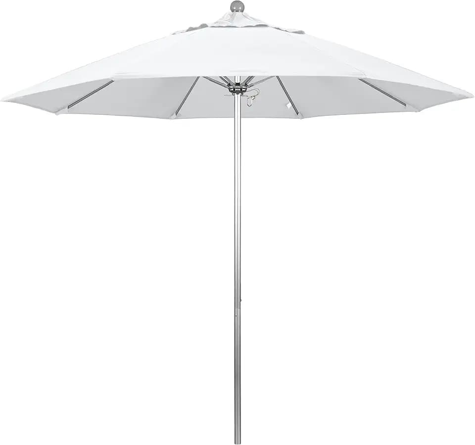 California Umbrella 9' Round Aluminum/Fiberglass Umbrella, Push Open, Silver Pole, Olefin White Fabric