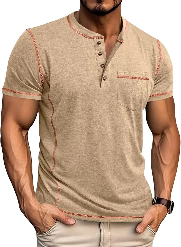 T-Shirts Herren Henley Shirt Kurzarm V Ausschnitt Sommer Sport mit Tasche Knopfleiste Slim Fit Hemd M-3XL