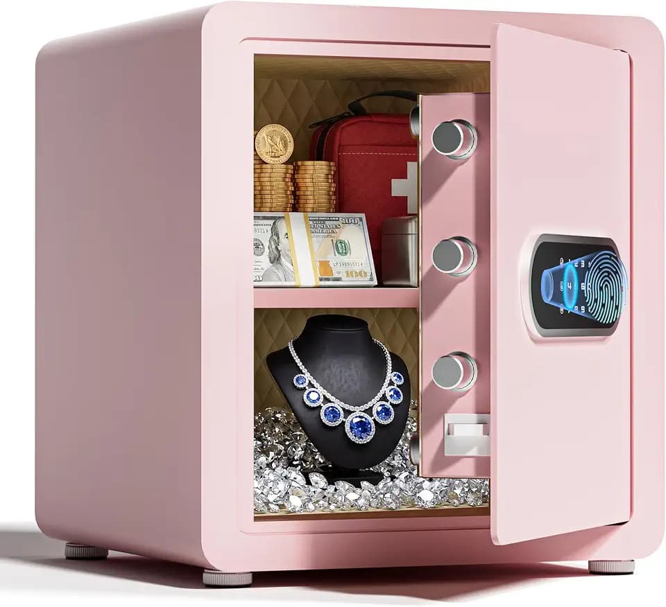 1.7 Cub Biometric Safe Auto-Open Fingerprint Safe with Digital Touchscreen Lock Dual Alarm Security Wall Mount Lock Jewelry & Valuables,Pink
