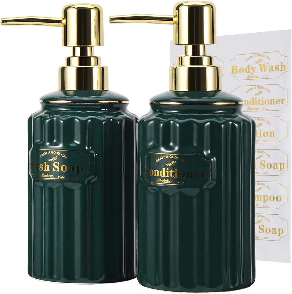 Seifenspender, 400ml Keramikflaschen mit goldenen Pumpen und wasserfesten Etiketten für Shampoo, Handseife, Lotion, Körperwäsche - Ideal für Badezimmer, Küche, Wohnzimmer, 2 Stück, grün