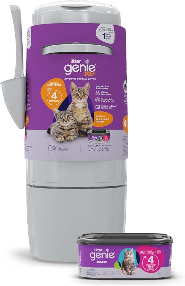 Litter Genie XL+ Pail with 24 ft Jumbo Refill, Ideal for Multi-Cat Homes