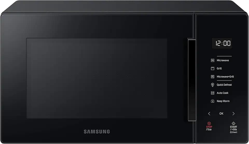 Samsung Freistehende Mikrowelle + Grill Glass Design Knuspriges Kochen, MG23T5018AK/ET, Home Dessert, automatisches Kochen, 800 W + 1100 W, 23 l, 49 L x 27,5 H x 38p, Kohle