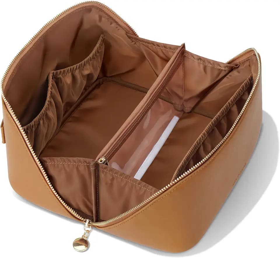 Travel Makeup Bag, Open Flat Cosmetic Bag for Women, Medium Brown