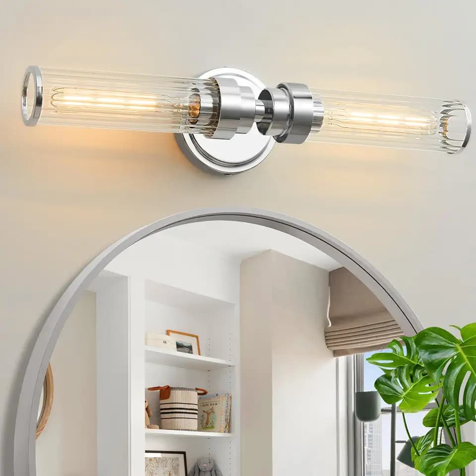 Bathroom Light Fixtures, Chrome Wall Sconce in Threaded Glass Indoor Vanity Lights, Modern Bathroom Vanity Light Up and Down Sconces Wall Lighting for Bathroom, Living Room - Bulb Not Included
