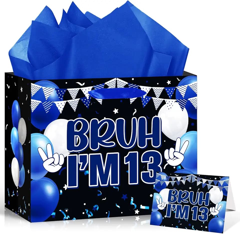 Blue Black 13th Birthday Gift Bag for Boys Bruh I'm 13 Gift Wrapping Bag with Greeting Card and Tissue Paper Official 13th Teenager Wrap Bags for Kids 13 Years Old Birthday Party Favors Decor Supplies