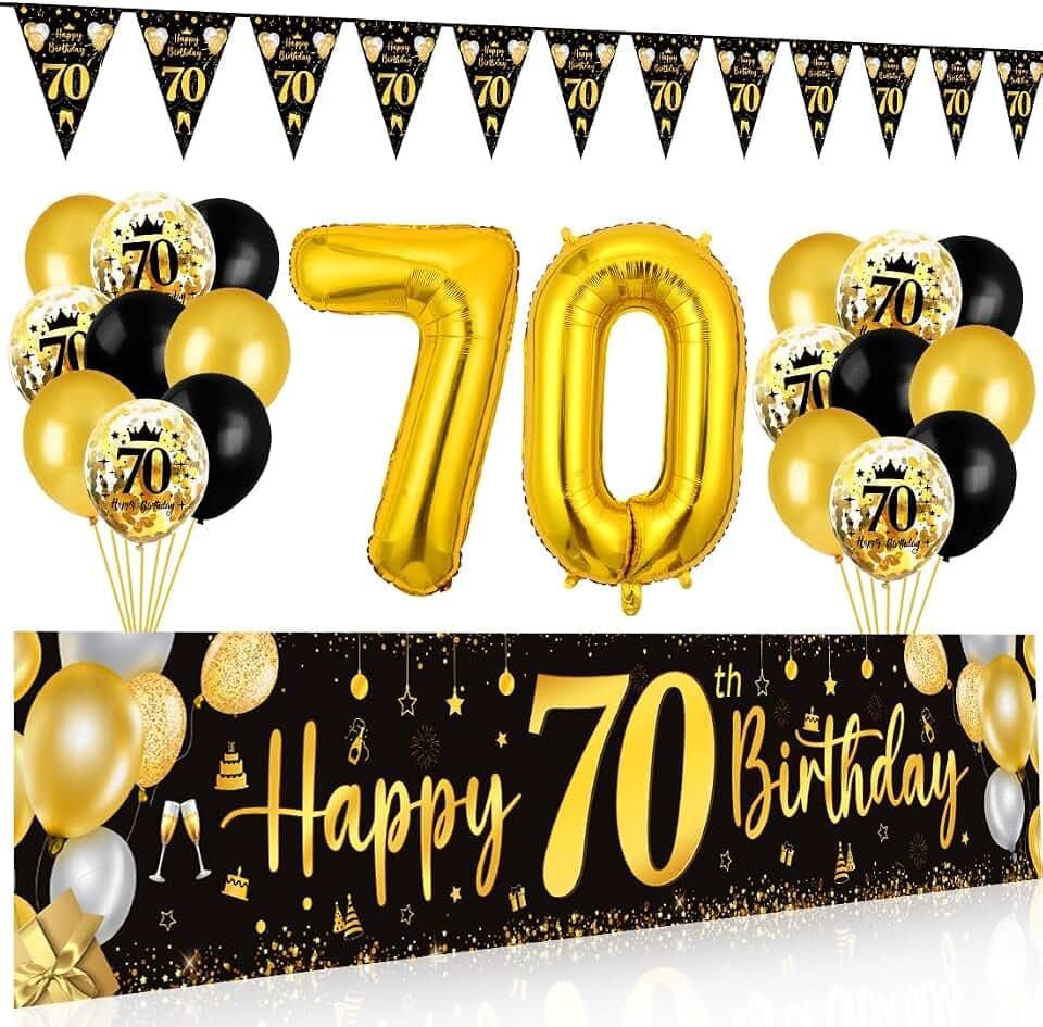 Luftballon 70. Geburtstag Schwarz Gold, 70. Geburtstag Deko Mann, Banner 70, Happy Birthday Girlande, Konfetti Luftballons, Geburtstagsdeko für 70 Jahre