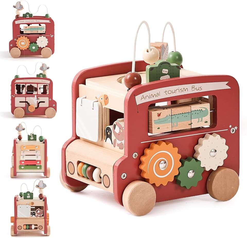 OESSUF Motorikwürfel Baby Montessori Spielzeug ab 1 Jahr, 9 in 1 Bus Motorikspielzeug für 12+ Monate Baby Holzspielzeug Aktivitätswürfel kinderspielzeug ab 1 Mädchen und Jungen Geschenk(Rot)