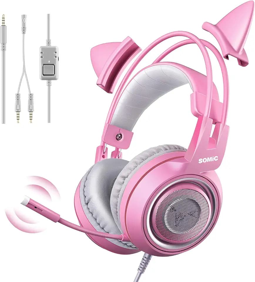 Somic G951S Rosa Gaming-Headset mit Mikrofon, Mädchen Frauen Rosa Katze Ohr-Kopfhörer mit 3,5-mm-Kabel für Xbox One, PS4, Smartphone