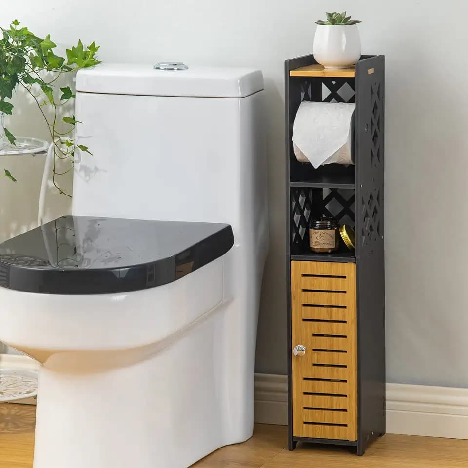Badezimmer-Aufbewahrungsschrank, kleiner Aufbewahrungsschrank für kleine Räume, Badezimmerständer mit Toilettenpapierhalter-Einsatz, schwarz von H HUIYKALY