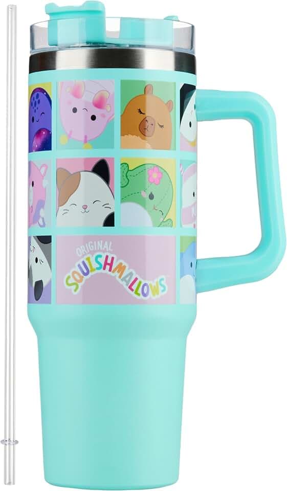 Get Trend Squishmallows Thermobecher mit Strohhalm 840ml, Tumbler Cup Kinder Trinkbecher Isoliert, Edelstahl Thermo Trinkflasche, Heiße & kalte Getränke (Hellblau Squishmallows)