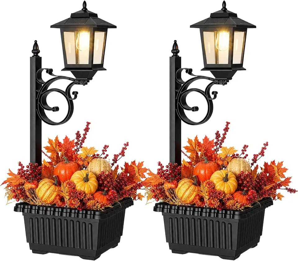 2 Pack 2-in-1 Outdoor Flower Pots, Solar Post Lamps Waterproof, Solar Lamp Post Lights, Wall Mount or Freestanding, Outdoor Decorative Lamp for Garden, Patio, Front Porch, Back Door, Warm White