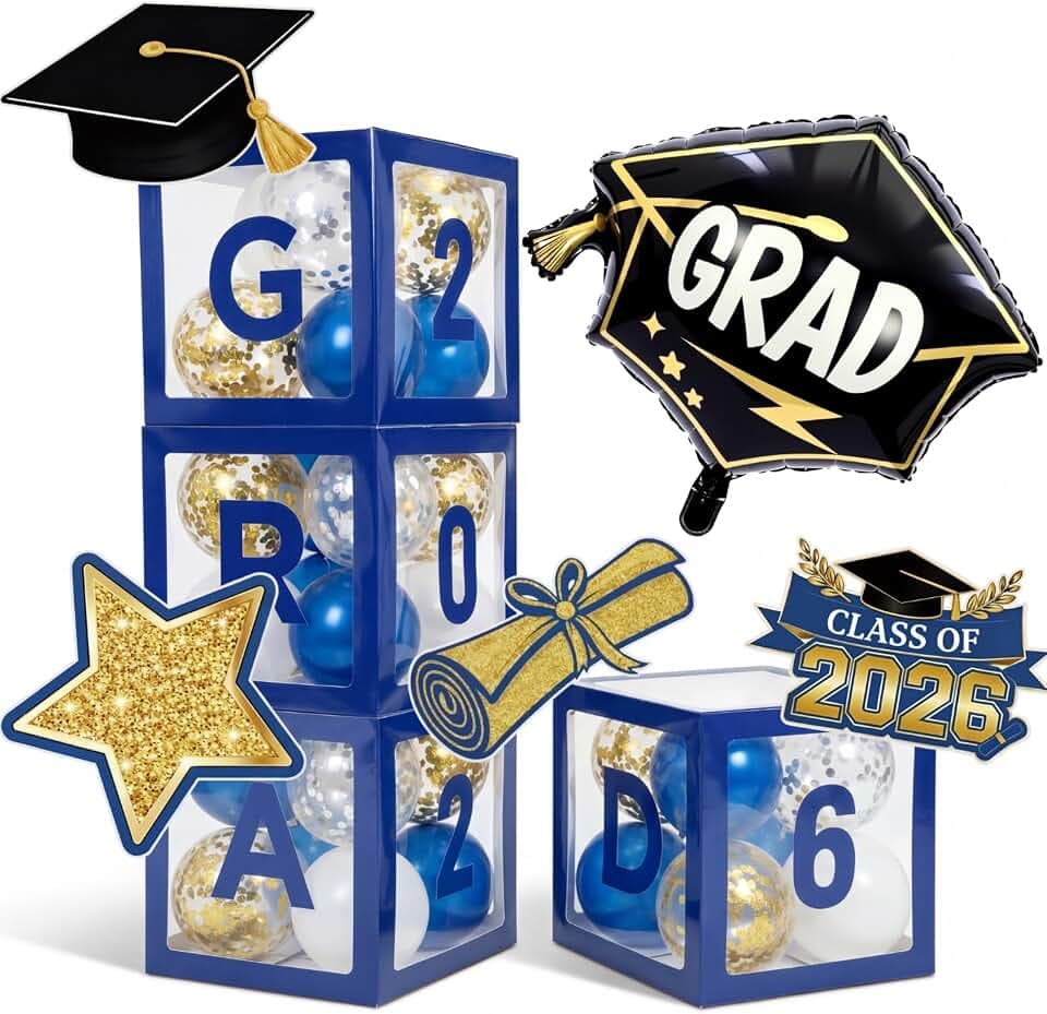 Marsui Graduation Decorations Class of 2026 Grad Party Balloon Boxes with Letters 2026 Grad Cap Balloon Catouts for College High School Congrats Party Supplies(Blue)